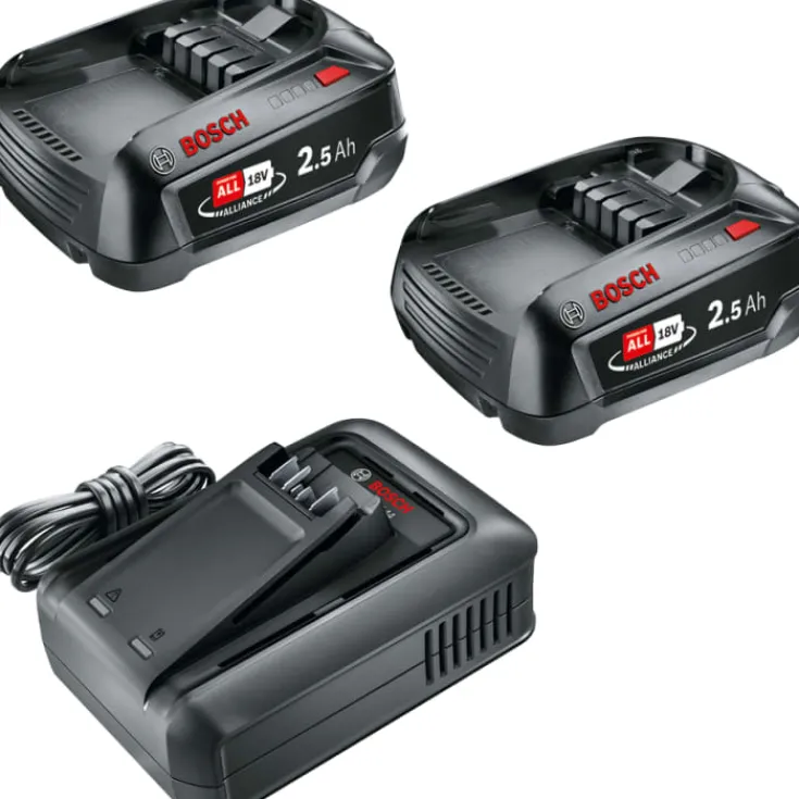Clearance Bosch batterisæt, med 2 batterier og 1 oplader, 18V 2 x 2,5 Ah Batterier & Opladere