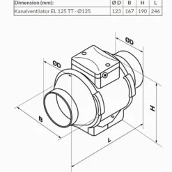 Clearance EL125TT kanalventilator, Ø125 mm, hvid Duka|Badeværelsesventilatorer