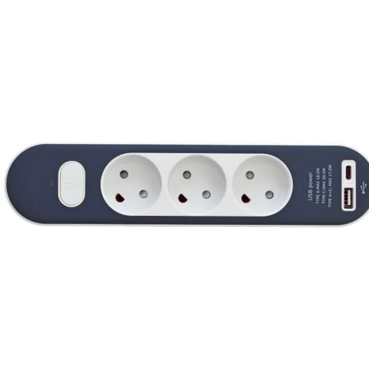 Discount Stikdåse med 3 udtag, med afbryder, med jord, USB-A+C, 1,4 meter Stikdåser